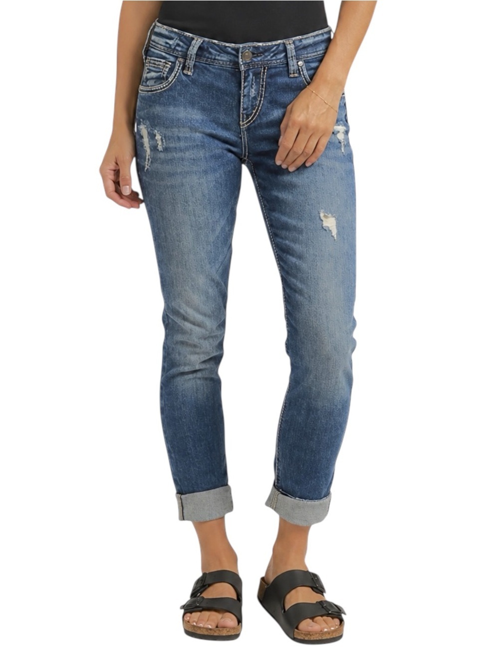 Silver Jeans Girlfriend Distressed Dark Wash Skinny Jeans W30 L29